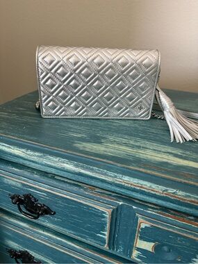 Tory Burch Metallic Quilted Crossbody Bag with Tassel